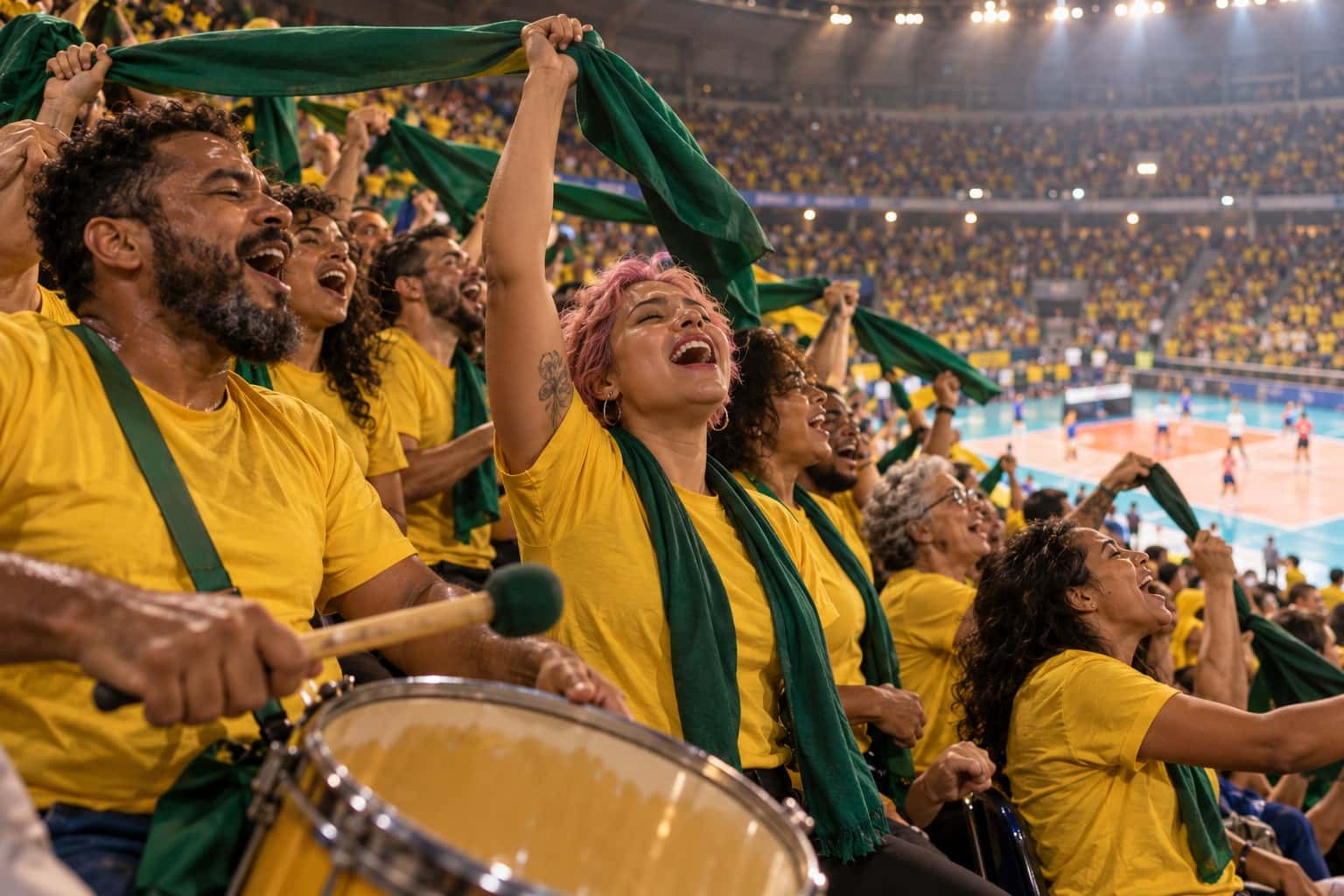 Torcida de camisa amarela canta e agita faixas verdes numa arena de vôlei lotada, com um tambor em primeiro plano