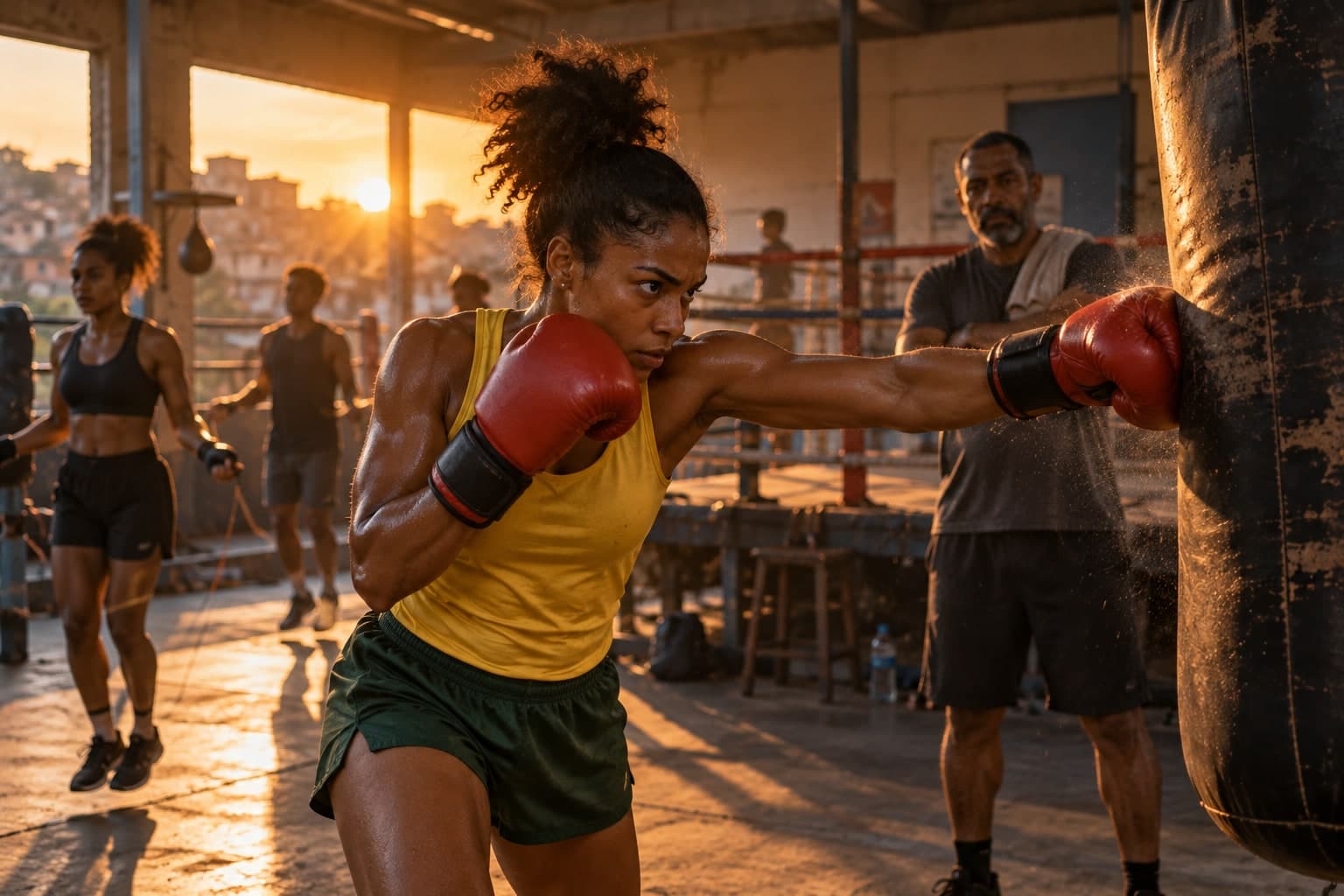 Boxeadora de regata amarela acerta o saco de pancada num galpão de treino ao pôr do sol, observada pelo treinador de braços cruzados