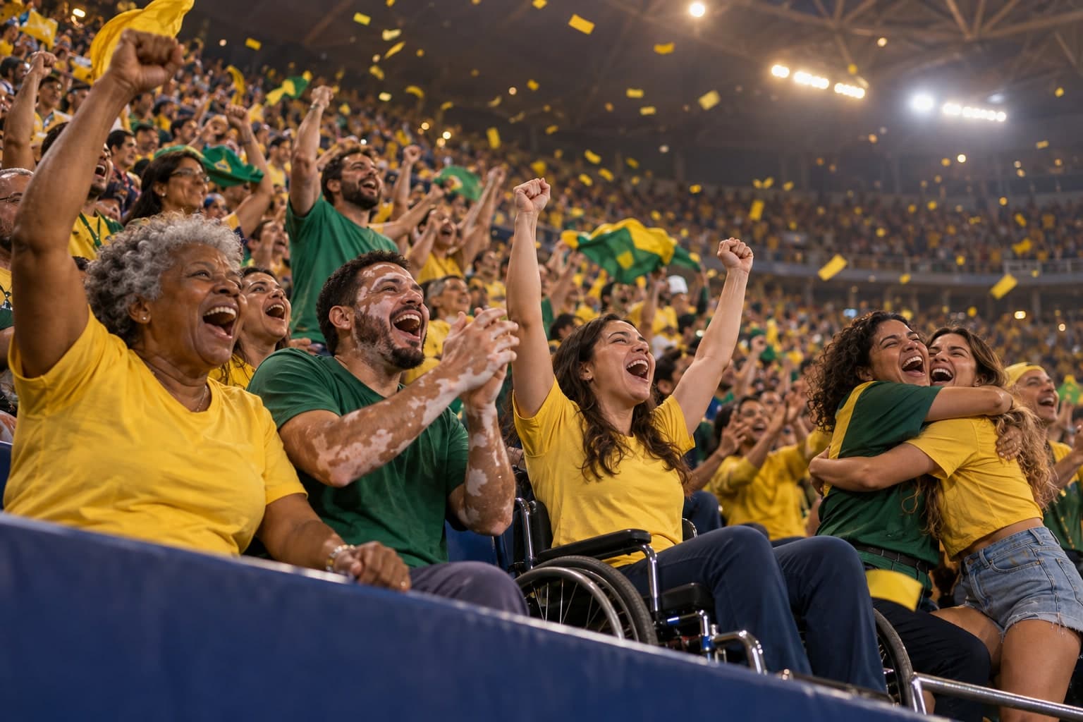 Torcida de verde e amarelo comemora na arquibancada, com papel picado no ar; uma torcedora em cadeira de rodas ergue os dois braços