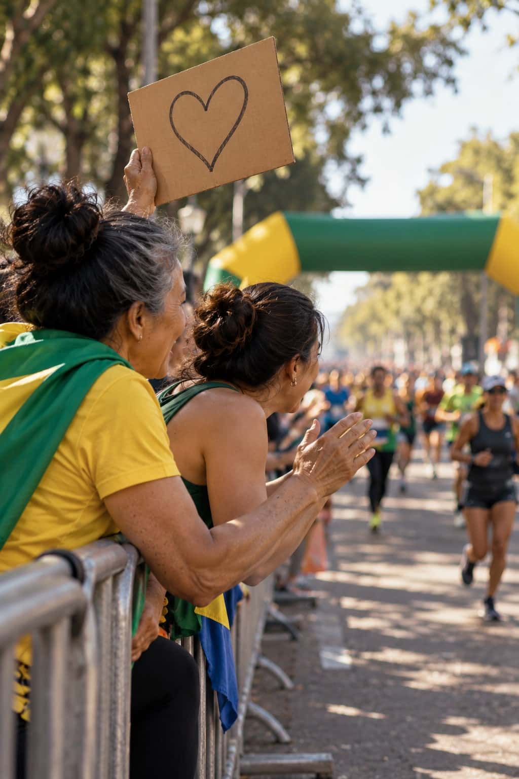 Duas mulheres encostadas na grade de uma corrida de rua aplaudem os corredores; uma delas ergue um cartaz de papelão com um coração desenhado